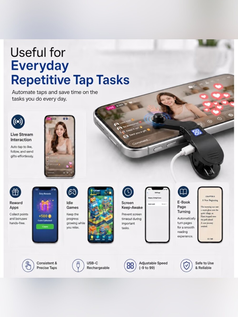 USB-powered Automatic Screen Clicker Device designed to Simulate Finger Tapping
